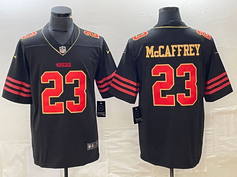 Men San Francisco 49ers #23 Mccaffrey Black gold 2023 Nike Vapor Limited NFL Jersey style 1